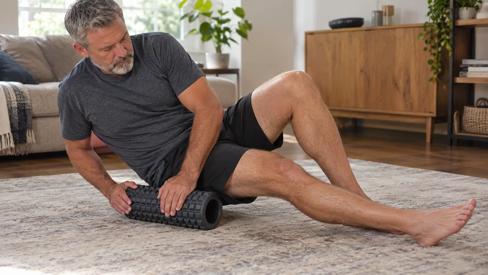 A hand rolling a foam roller along the back of a thigh while seated on a rug, the roller on the floor