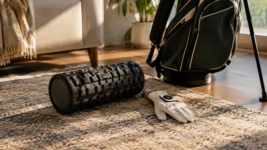 A foam roller and a golf glove resting on a living-room rug beside a golf bag
