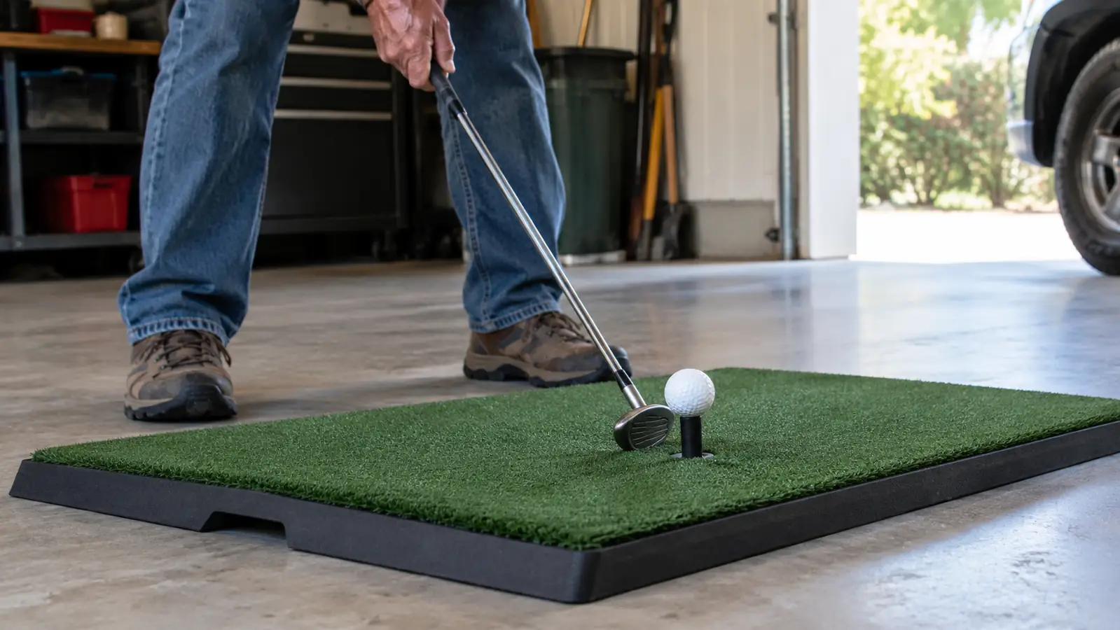 A golf ball sitting on a rubber tee on a turf hitting mat in a garage