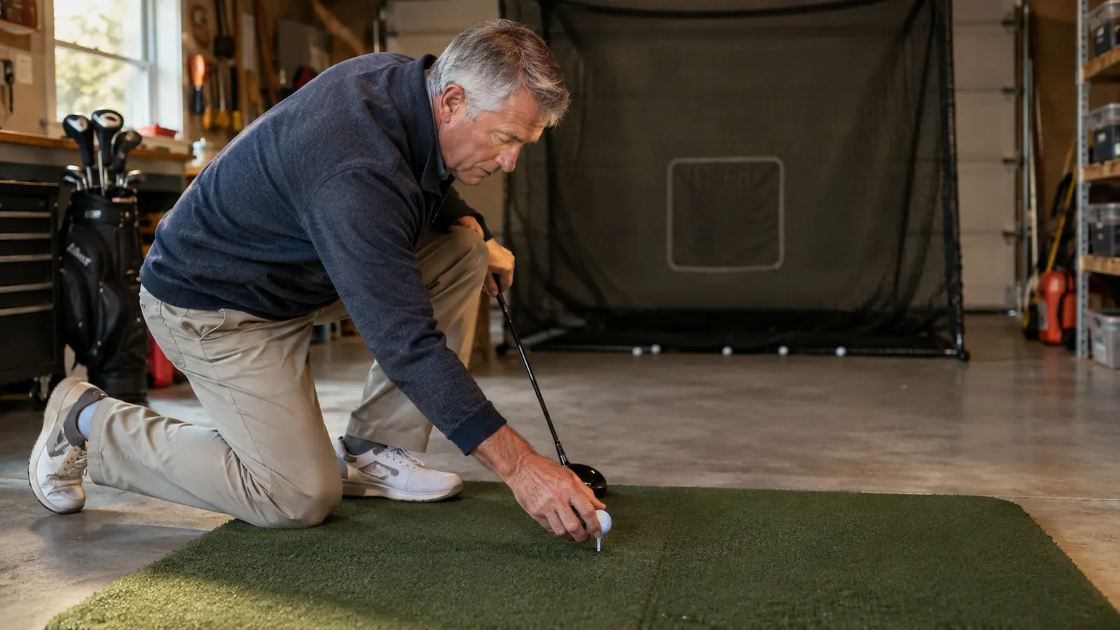 A man in his sixties kneeling to place a golf ball on a hitting mat in a garage