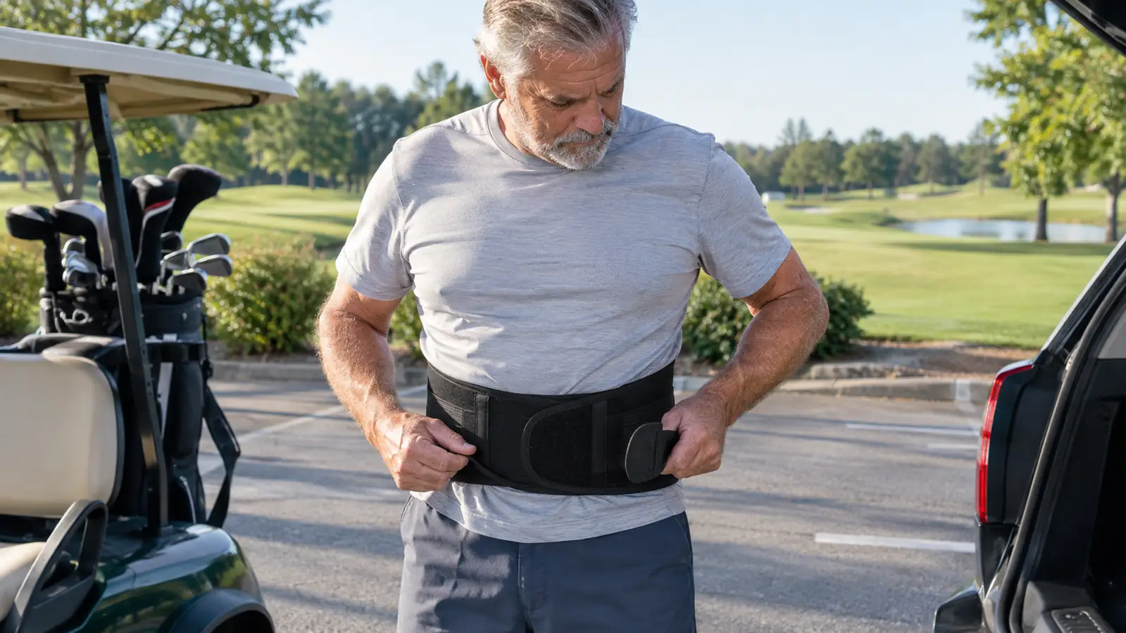 A man in his sixties fastening a black lumbar support belt over a thin undershirt in a golf course parking lot