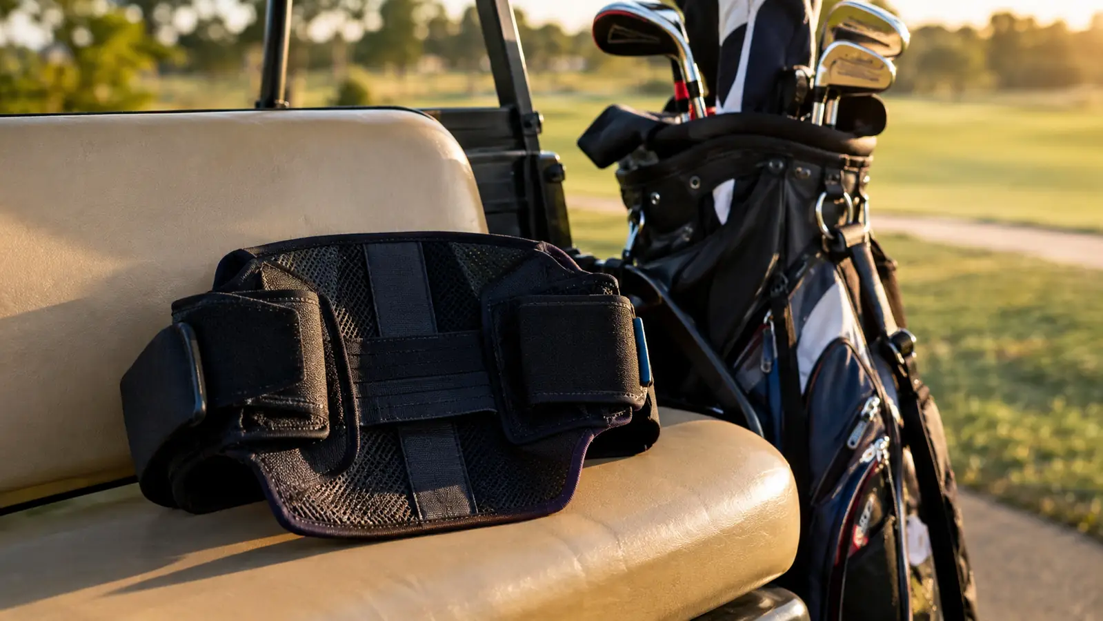 A lumbar support belt lying on a golf cart seat beside a golf bag