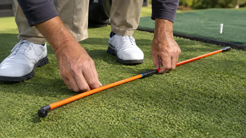 A golfer's hands placing an alignment stick on the ground along the target line