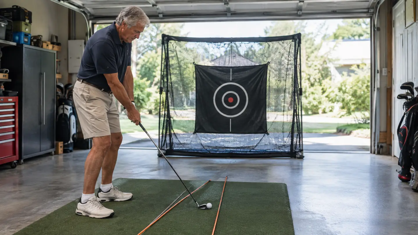 A golfer practicing a setup on a garage hitting mat with two alignment sticks forming a straight line