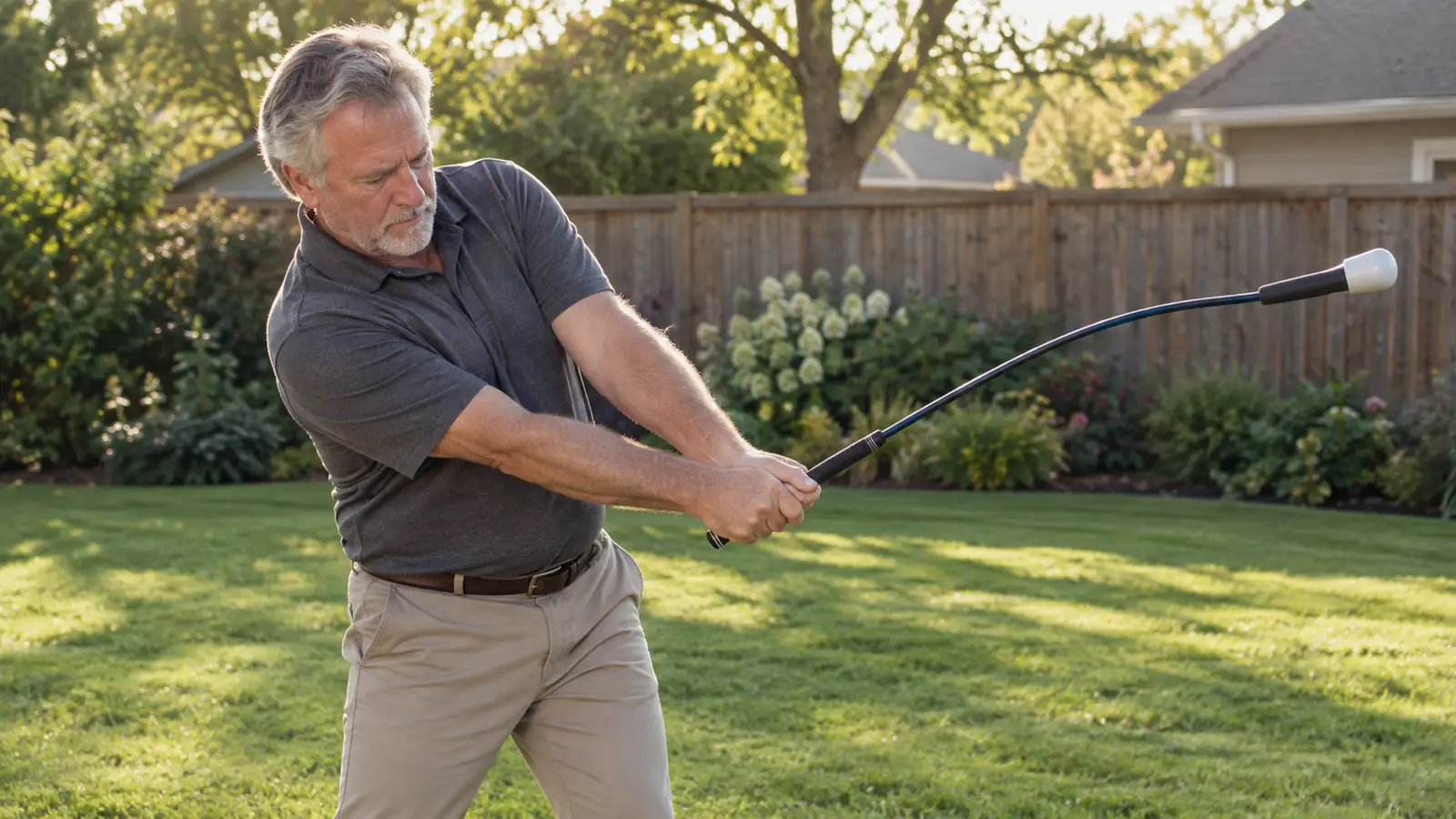 A man in his sixties mid-swing with a flexible golf tempo trainer in a suburban backyard, the shaft bending, morning light