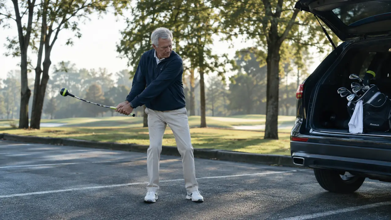 A man in his sixties taking a gentle practice swing with a flexible golf trainer beside his car in a golf course parking lot before a round