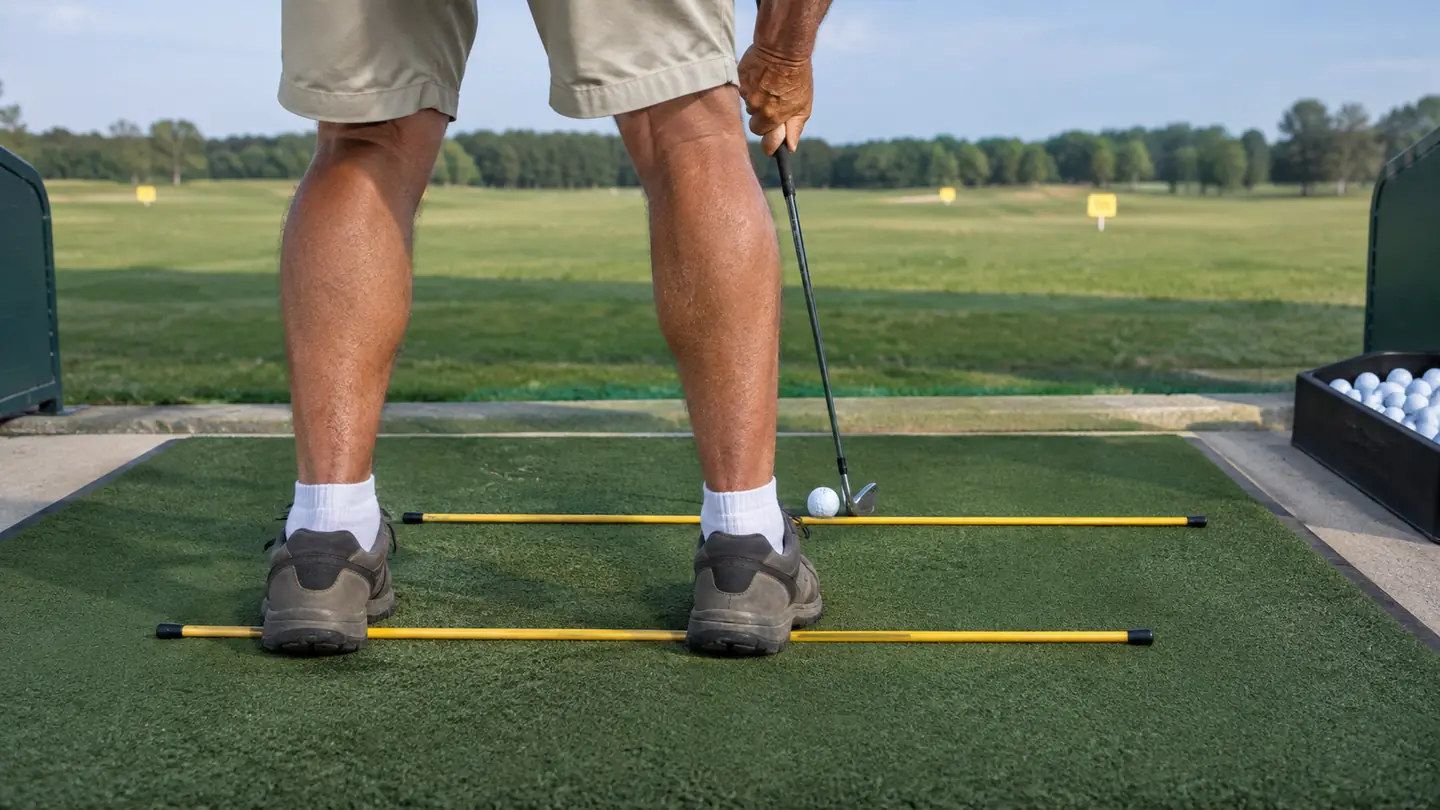 A golfer's feet on a range mat with one alignment stick along the toe line and another near the ball