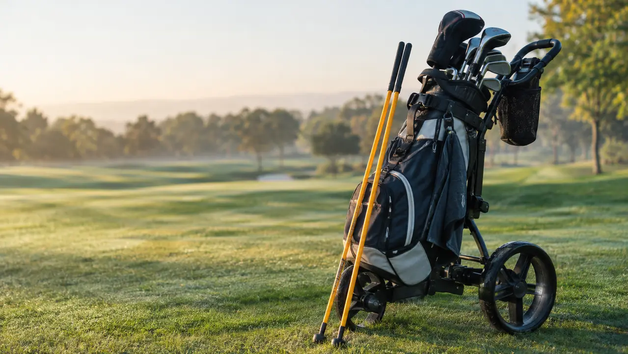 A golf bag resting on a cart at a public course in the morning, with a pair of training sticks leaning against it
