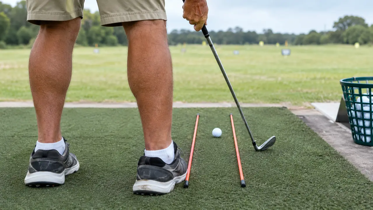 Close view of a golfer's feet and two alignment sticks laid parallel on the ground at the range, showing the setup line