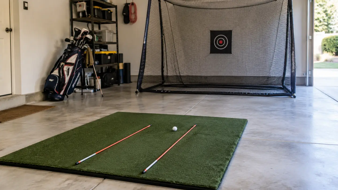 A home garage practice setup with a turf hitting mat, a golf net, and two collapsible alignment sticks laid on the mat