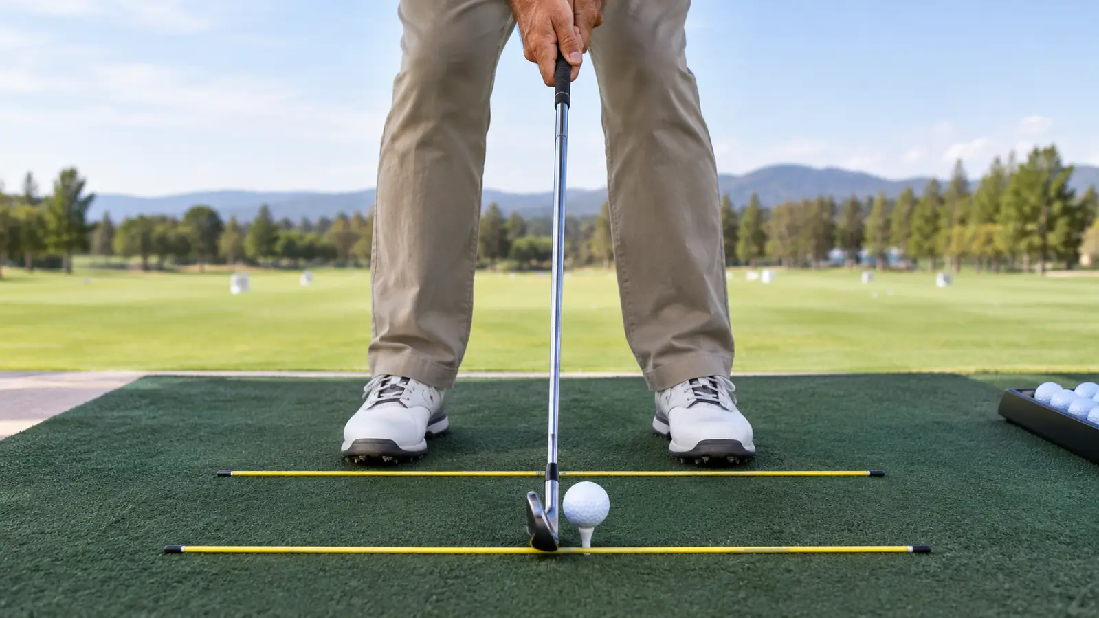Close view of a golfer's feet and a pair of alignment sticks on a range mat