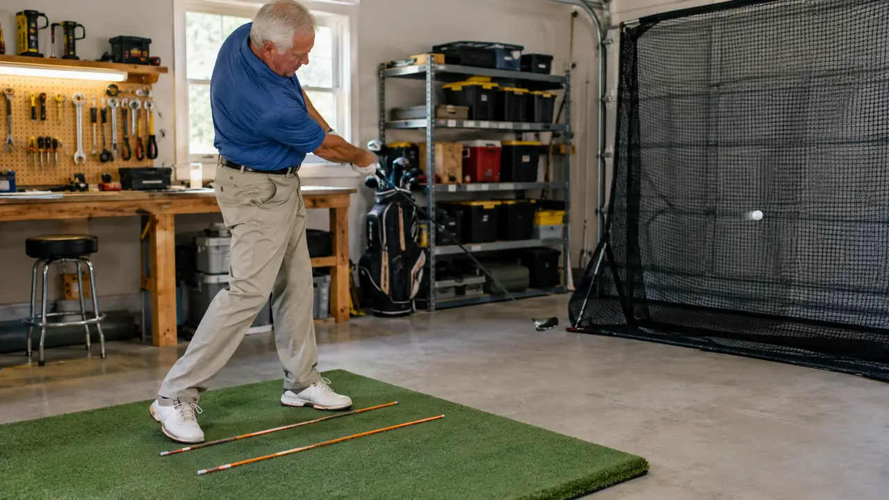 A man in his sixties practicing in his garage, hitting off a mat into a net with alignment sticks on the mat