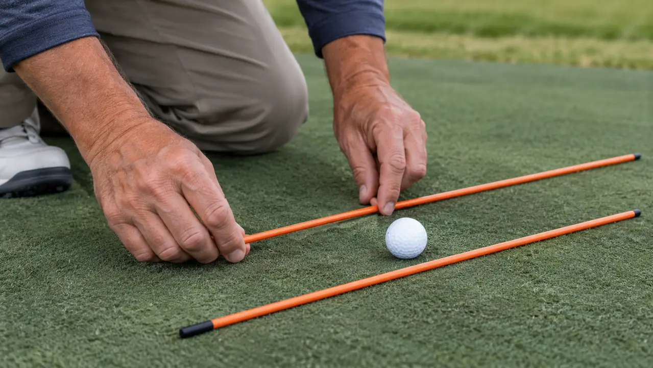 A golfer placing an alignment stick on the ground next to a golf ball on a range mat while another stick lies along his feet.