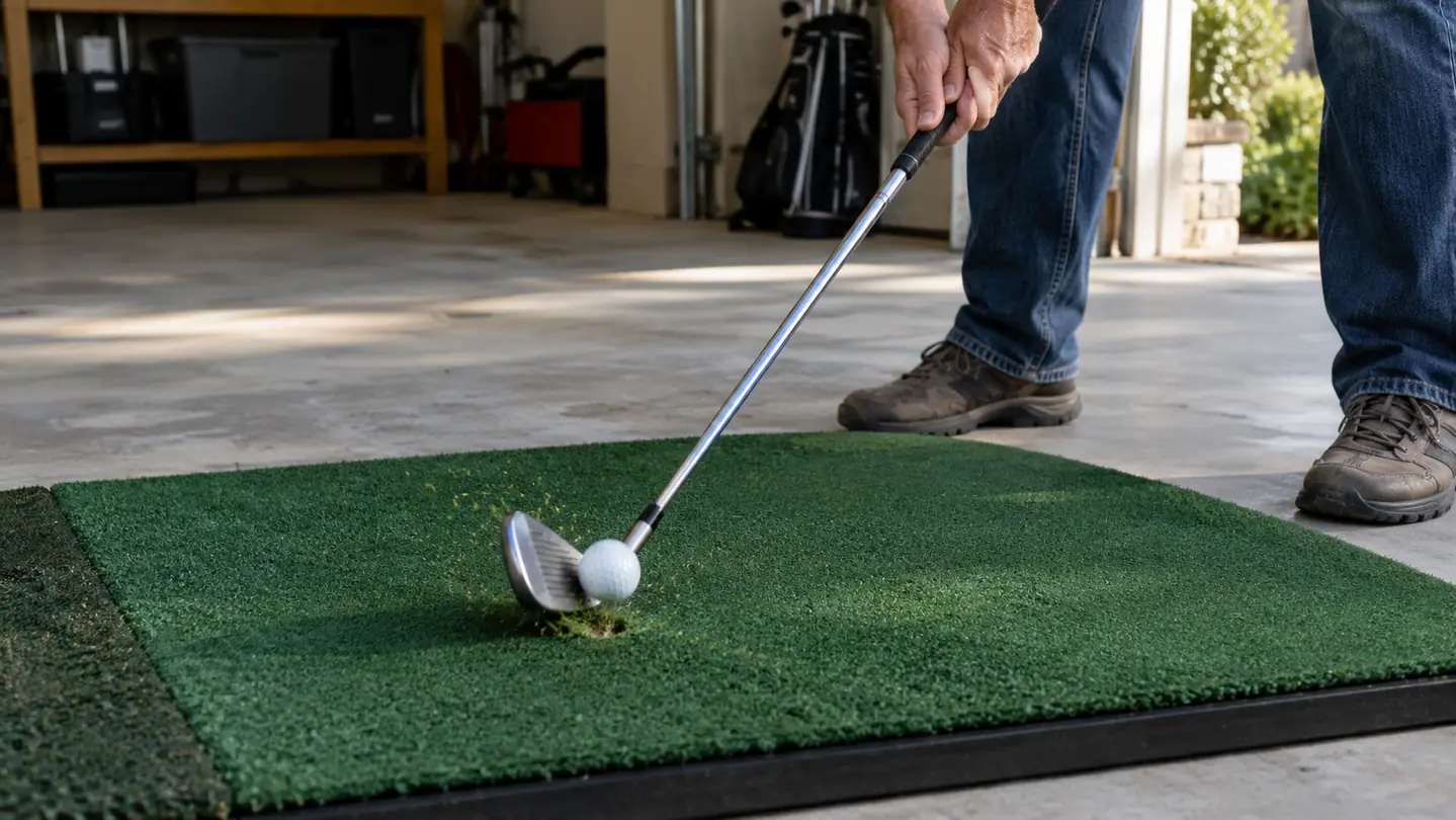 A close view of a golf club striking a ball off a turf hitting mat on a garage floor
