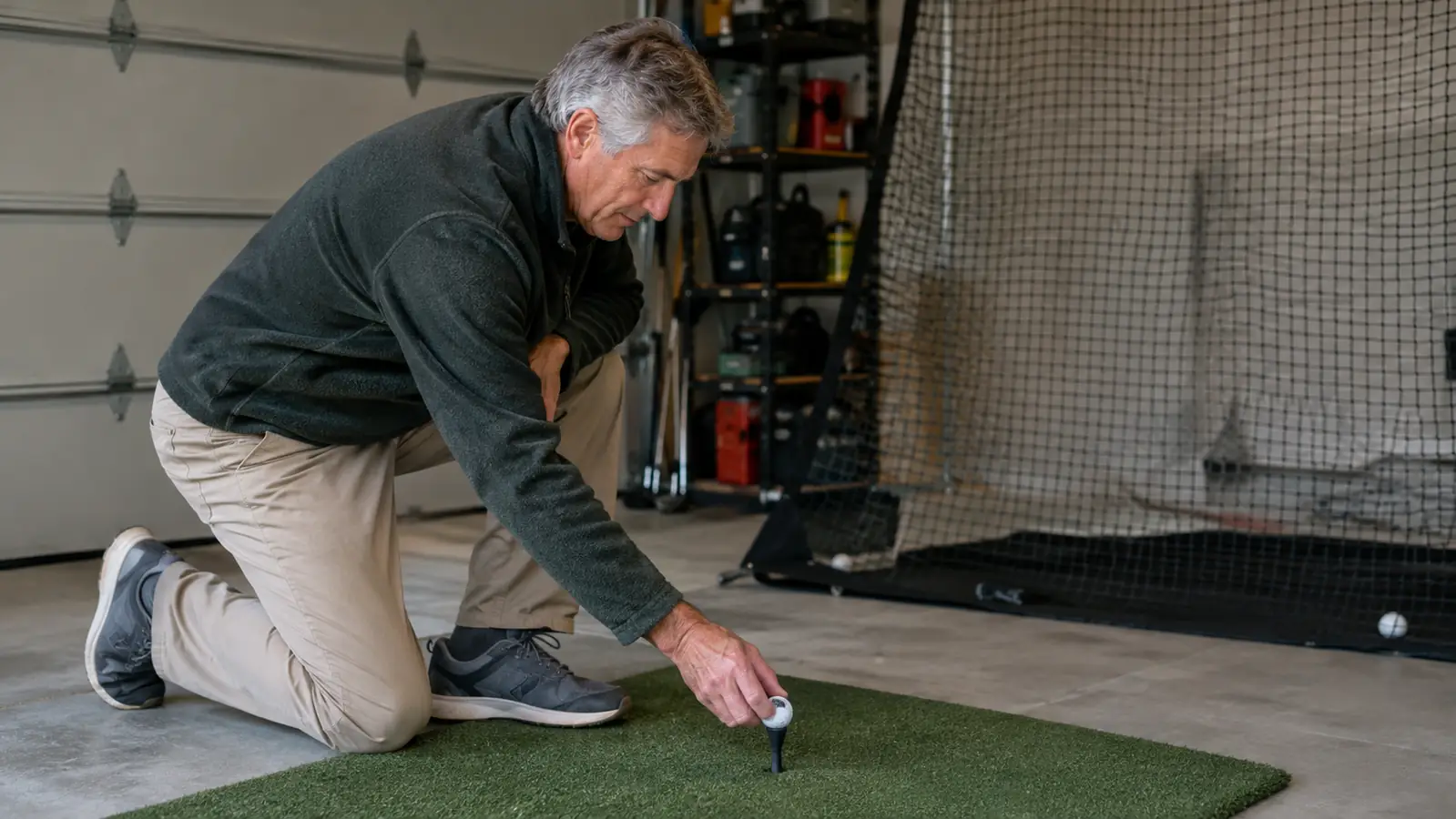 A man in his sixties kneeling to place a ball on a rubber tee on a turf hitting mat in a garage