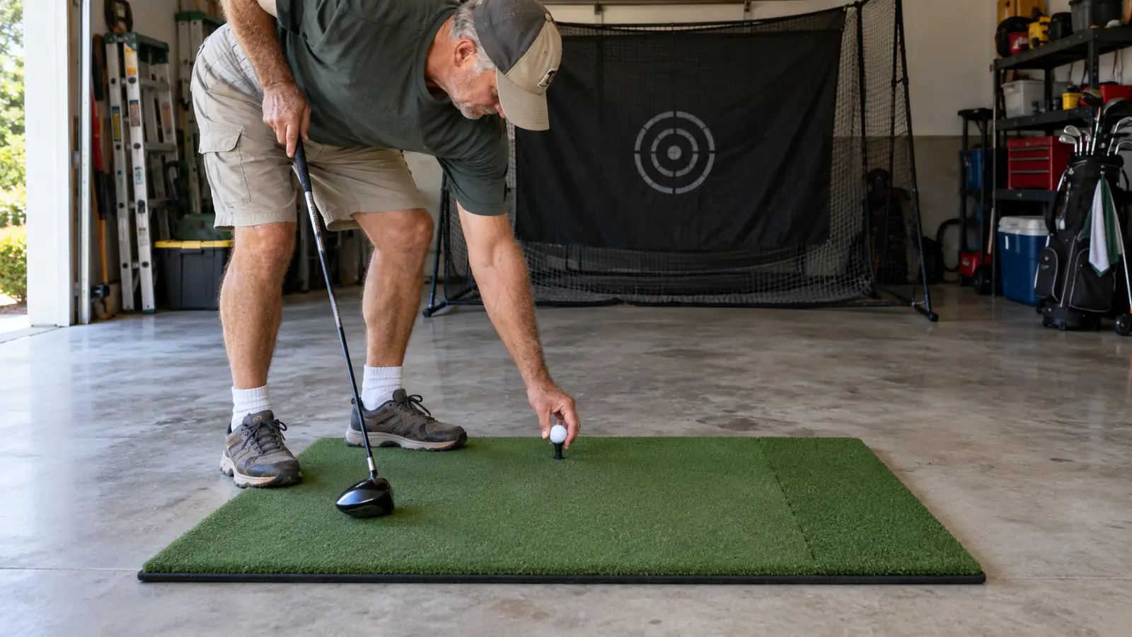 A man placing a golf ball on a rubber tee on a turf hitting mat in a garage, with a practice net ahead of him