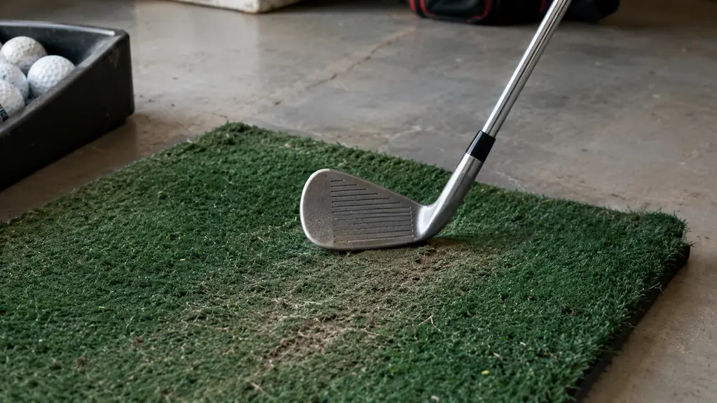 A close view of a golf club resting on a used turf hitting mat on a garage floor