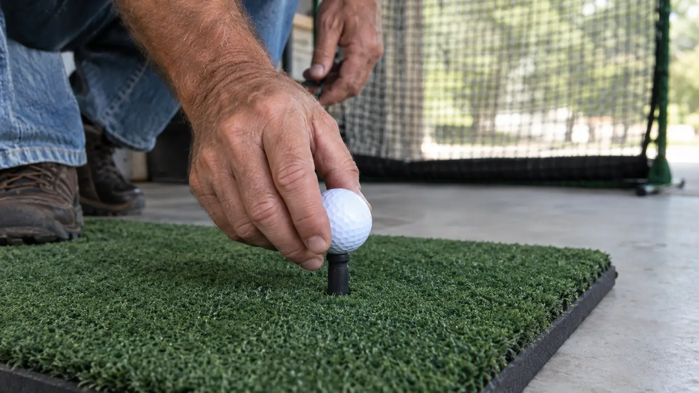 A hand placing a golf ball on a rubber tee set into a turf hitting mat on a garage floor
