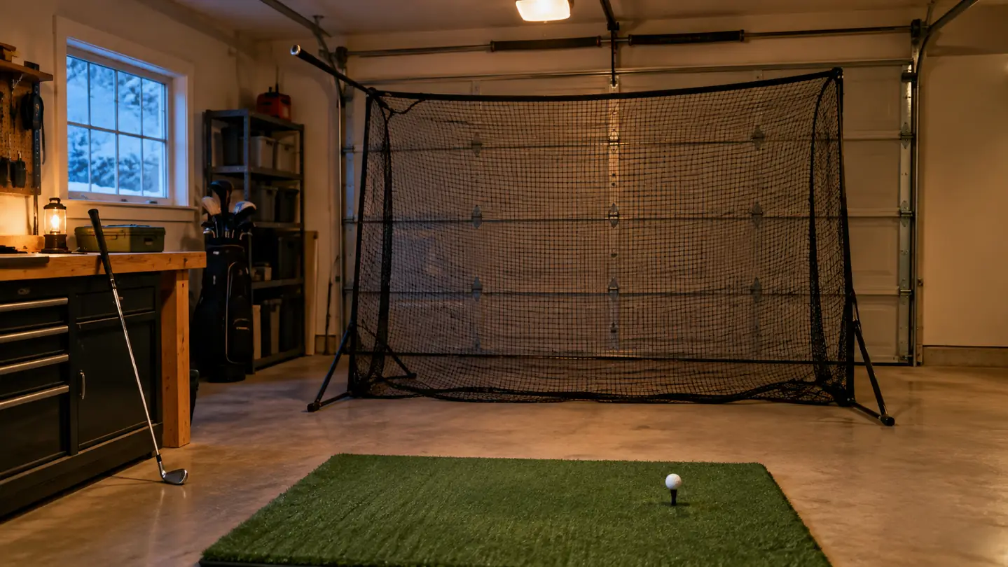 A turf golf hitting mat and practice net set up in a garage on a winter evening