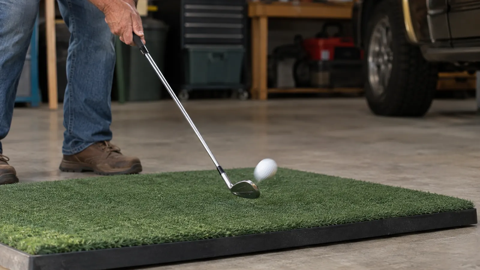 A golf club striking a ball off a turf hitting mat on a garage floor.