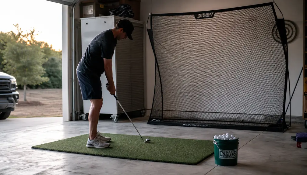 A turf hitting mat lying flat on a garage floor beside a bucket of golf balls and a practice net.