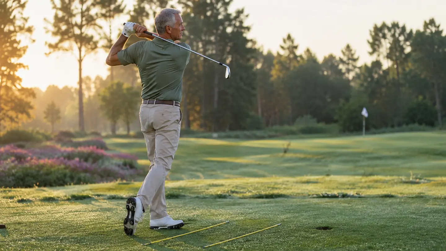 A golfer in his sixties holding a balanced finish on a practice tee at sunrise, yellow alignment sticks on the grass at his feet