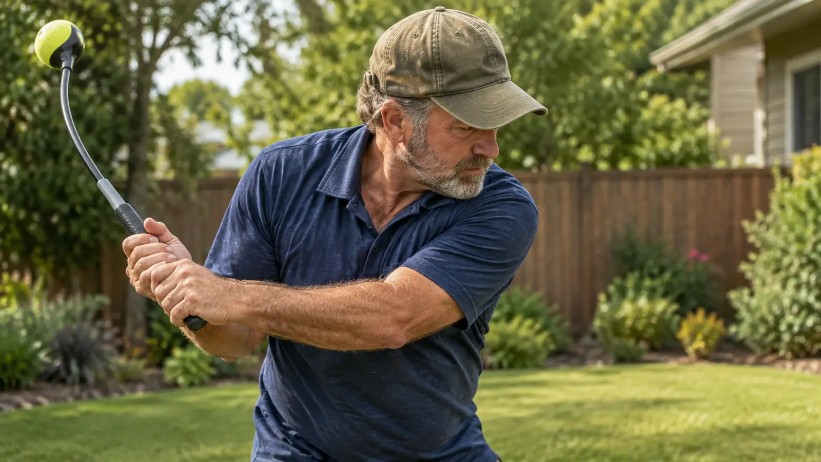 A golfer's hands holding the grip of a tempo trainer during a slow practice swing.