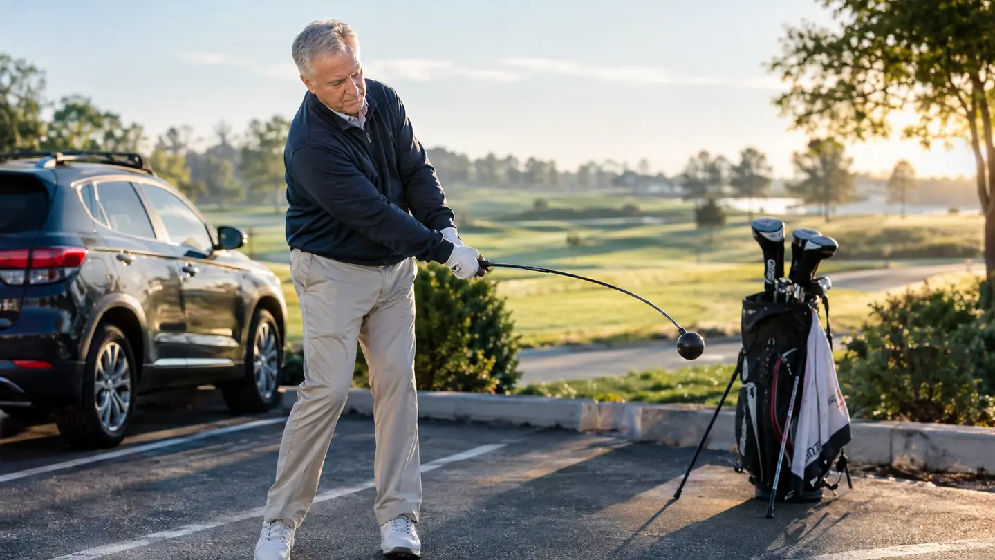 A golfer taking a few relaxed warm-up swings with a tempo trainer in a parking lot beside his golf bag before a round.