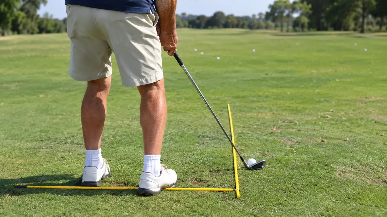 A golfer's feet and the two yellow alignment sticks on the turf, one stick running along the ball-to-target line and one stick at the toes