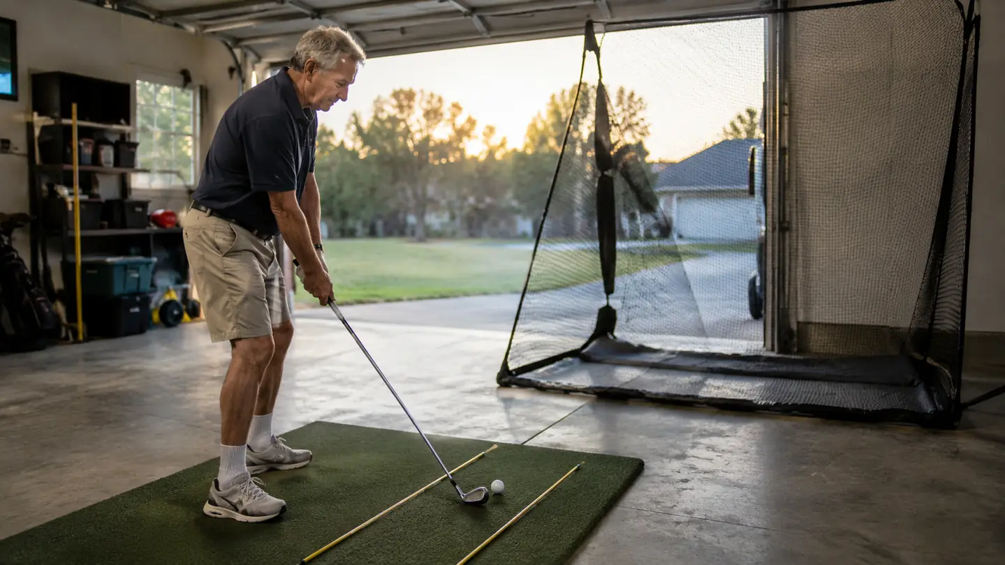 A golfer on a garage hitting mat with two yellow alignment sticks on the mat, a net in front, late afternoon light through the garage door