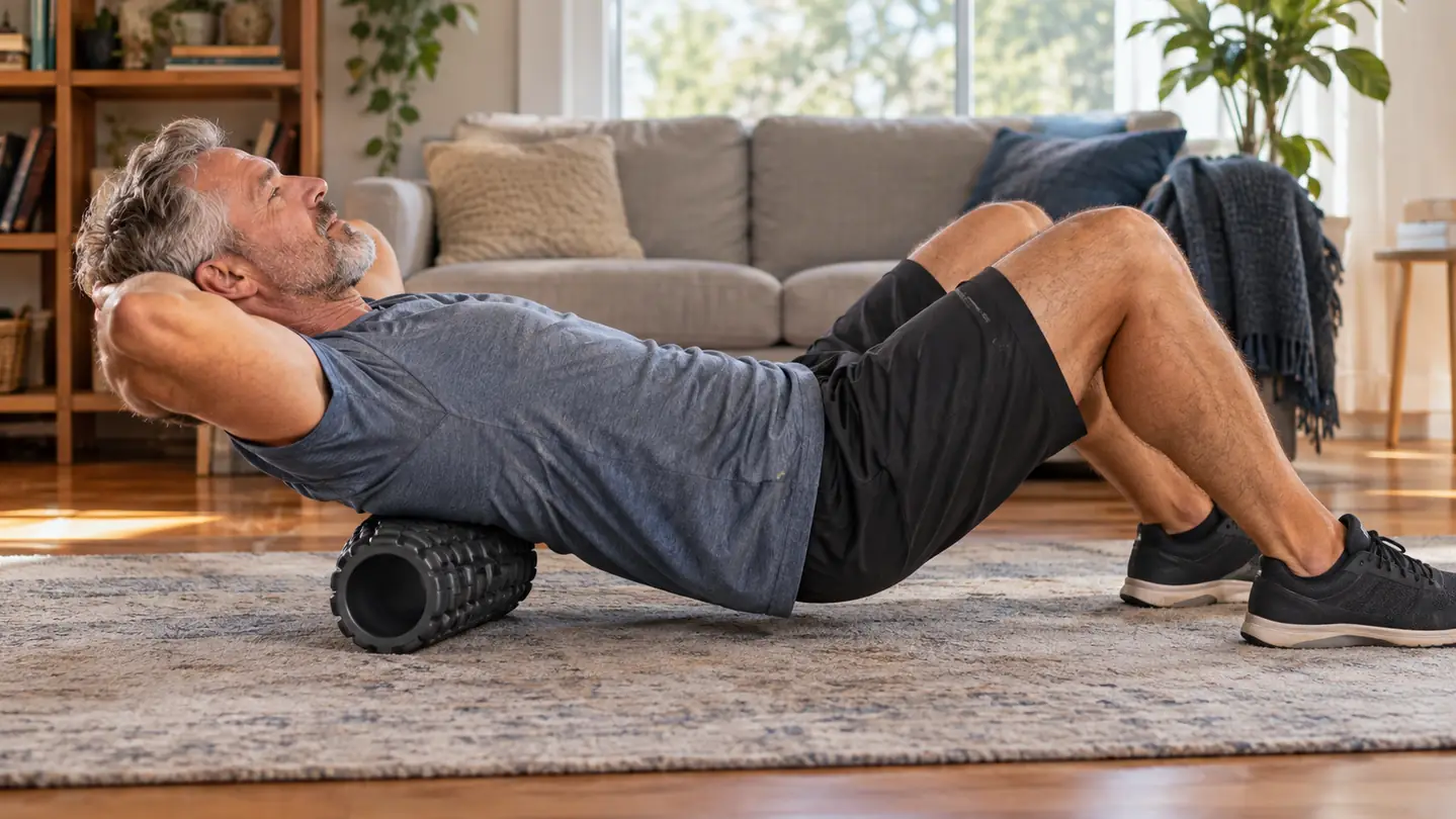 A man in his sixties lying on a rug using a foam roller under his upper back