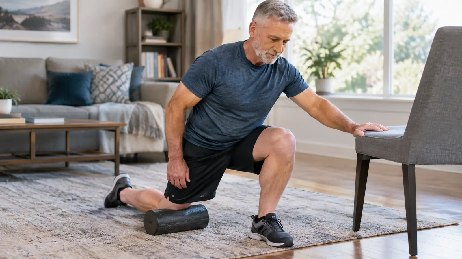 A man in his sixties kneeling with one knee on a foam roller on a living room rug, stretching his hip