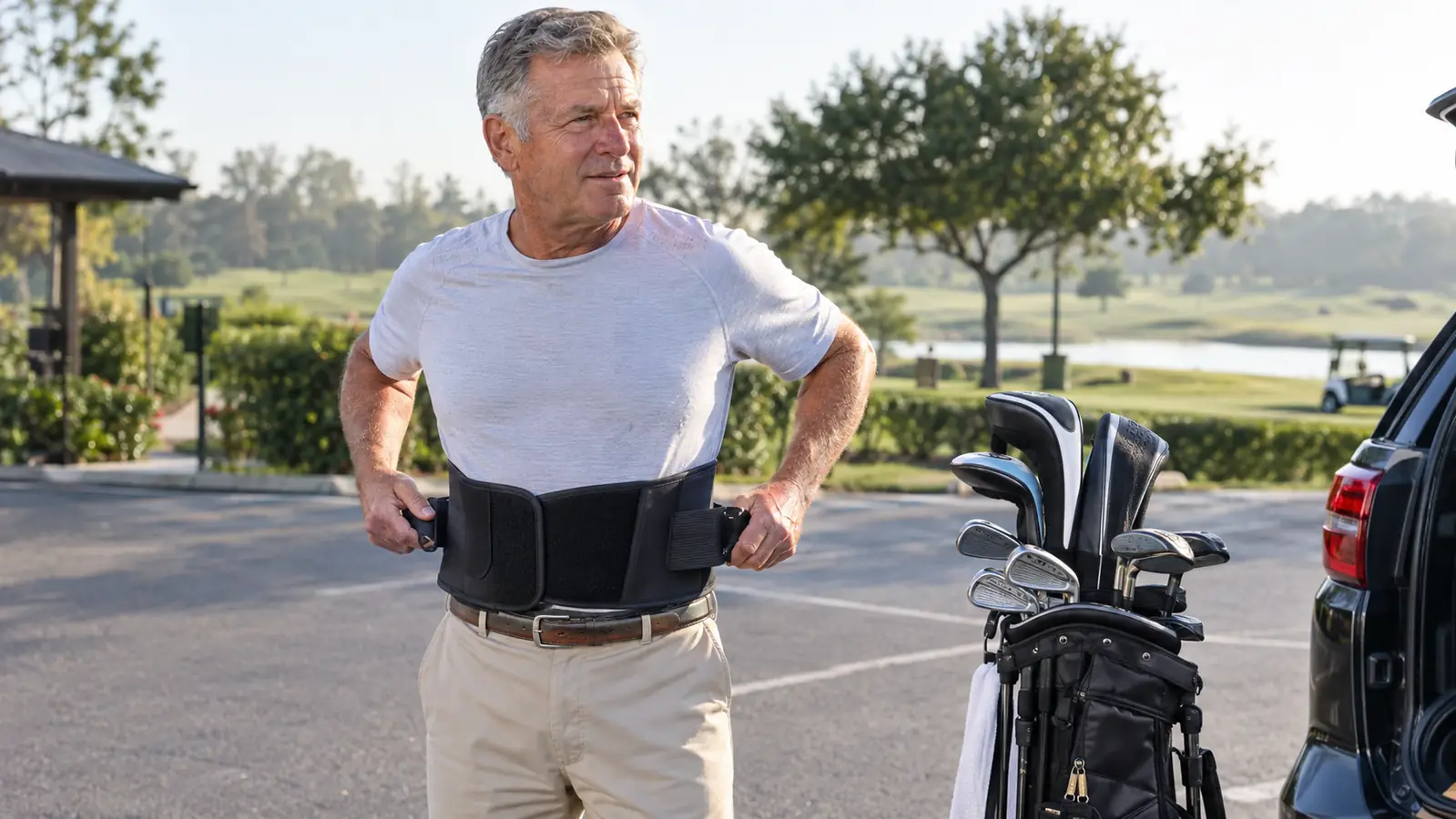 A man in his sixties adjusting a black back brace over a thin undershirt in a golf course parking lot, golf bag beside him