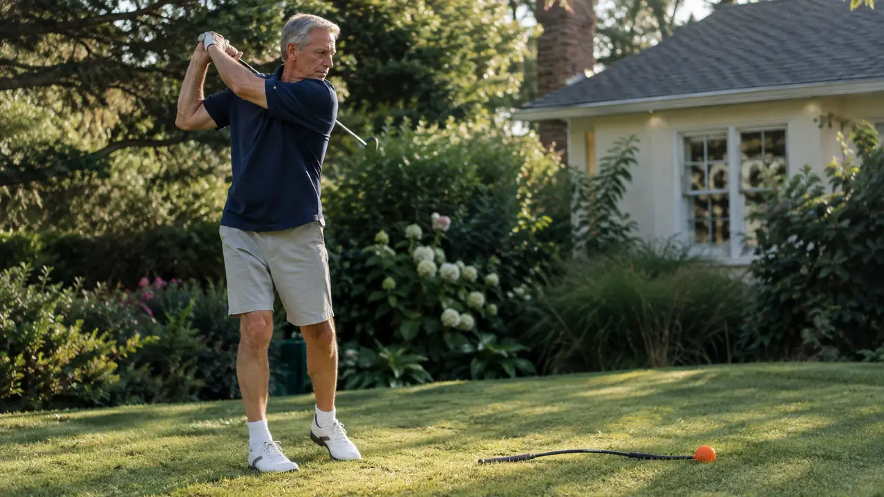 A man in his sixties swinging a golf club on a backyard lawn in the morning, a flexible orange-tipped swing trainer lying on the grass nearby
