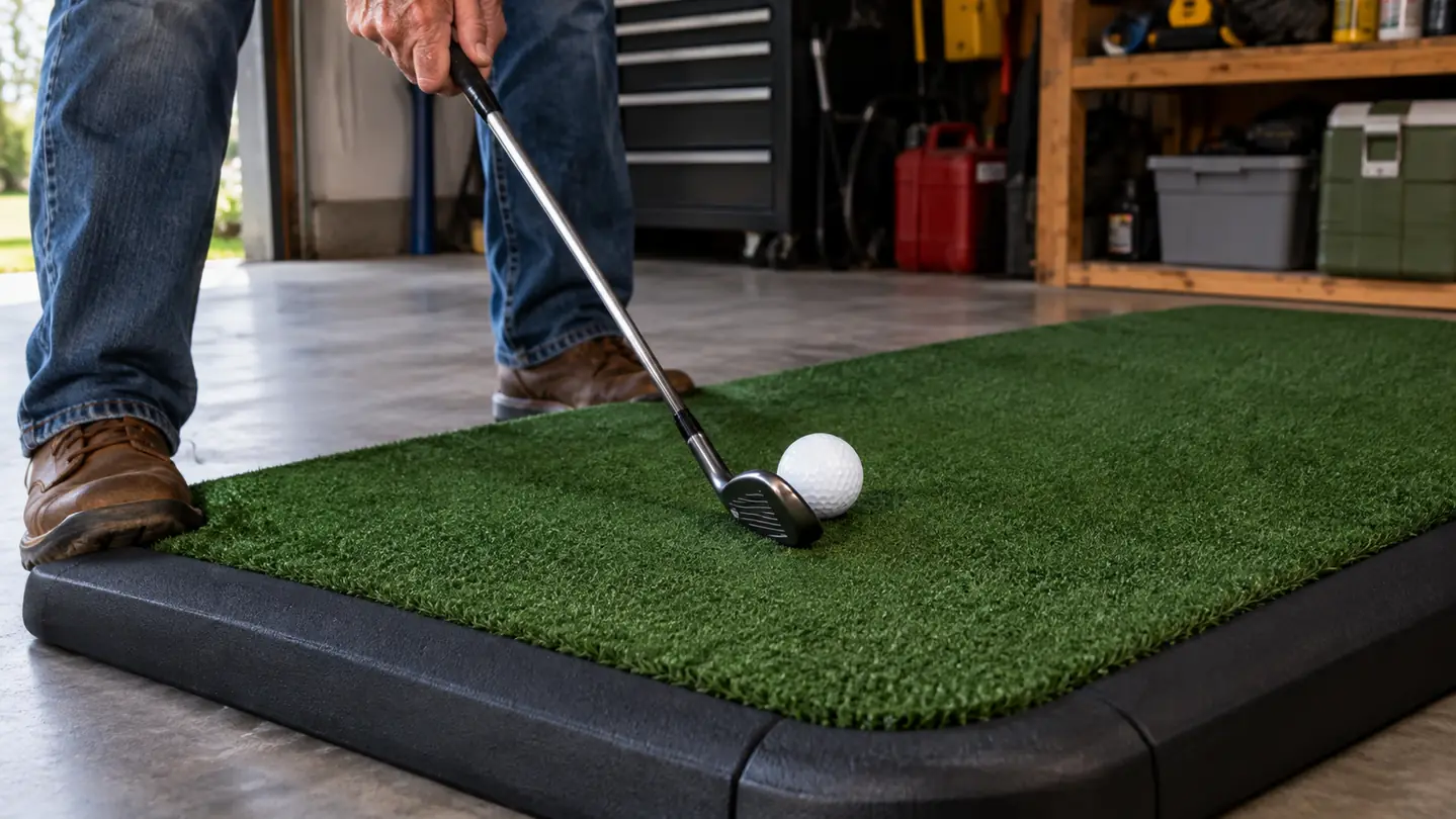 A close view of a golf club striking a ball on a turf hitting mat with a cushioned base