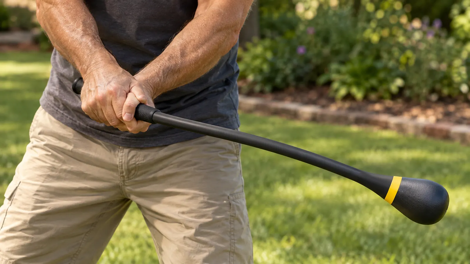 Close view of a golfer's hands on the grip of a weighted training club during a slow backyard warm-up swing