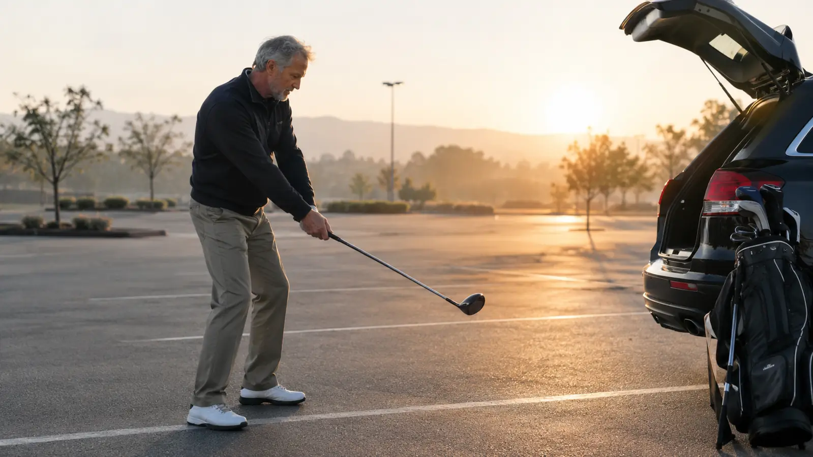 A golfer doing a few relaxed practice swings beside his car in a mostly empty parking lot before a round, golf bag leaning against the trunk