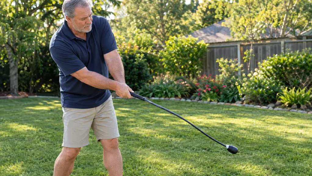 A man in his sixties in a backyard making a smooth practice swing with a flexible-shaft golf training aid, the weighted end trailing behind him
