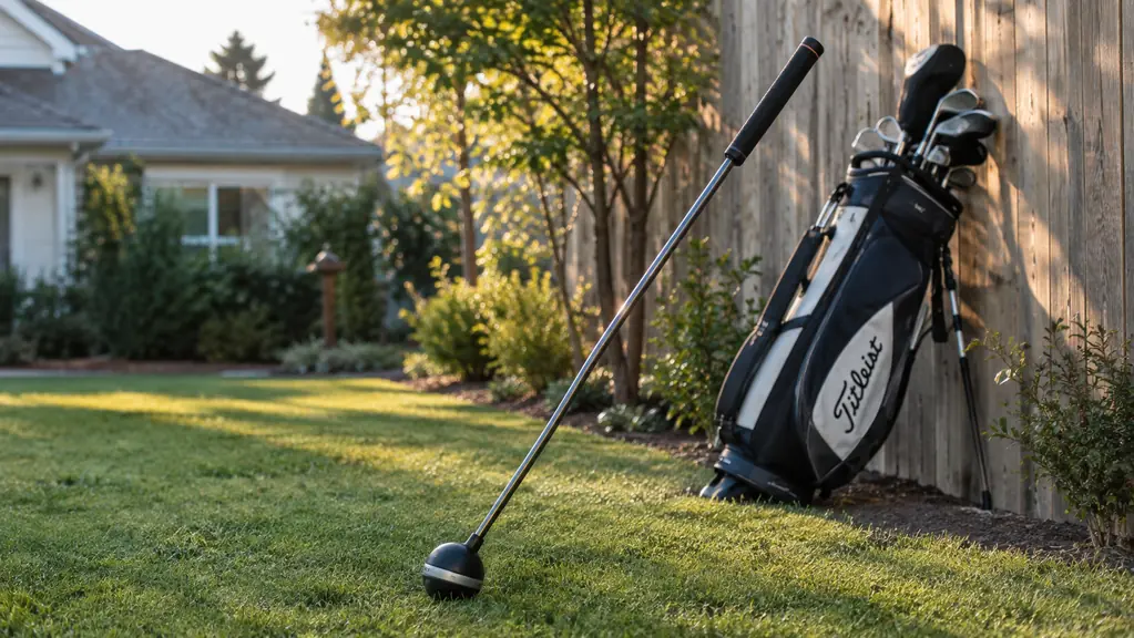 A flexible-shaft golf training aid resting on the grass of a backyard next to a golf bag, soft evening light