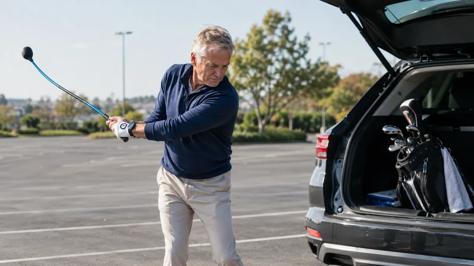 A man in his sixties swinging a golf training aid in a parking lot beside a car with a golf bag in the trunk, late morning light