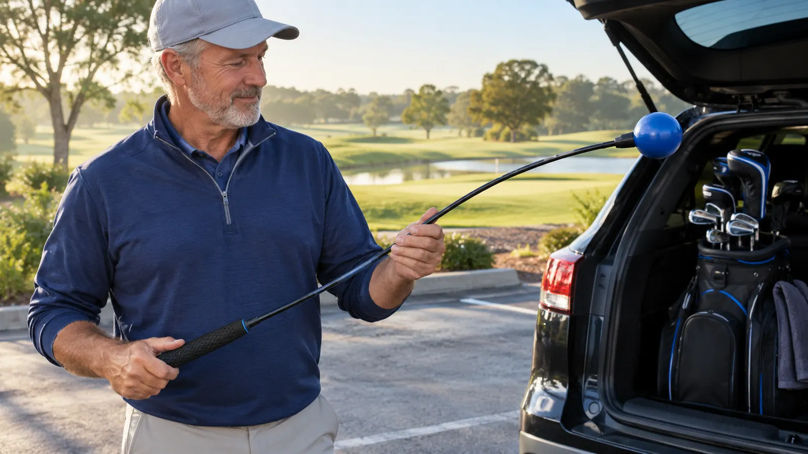 A golfer holding a flexible training aid with a weighted ball at the end in a golf course parking lot