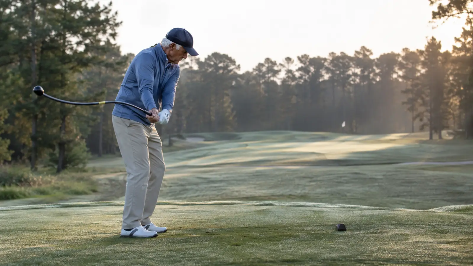 A man in his sixties holding a flexible golf training aid and making a slow practice swing on the first tee box in early morning light