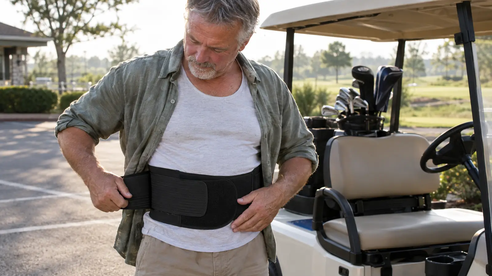 A man in his sixties fastening a black lumbar support belt over a thin undershirt in a golf course parking lot