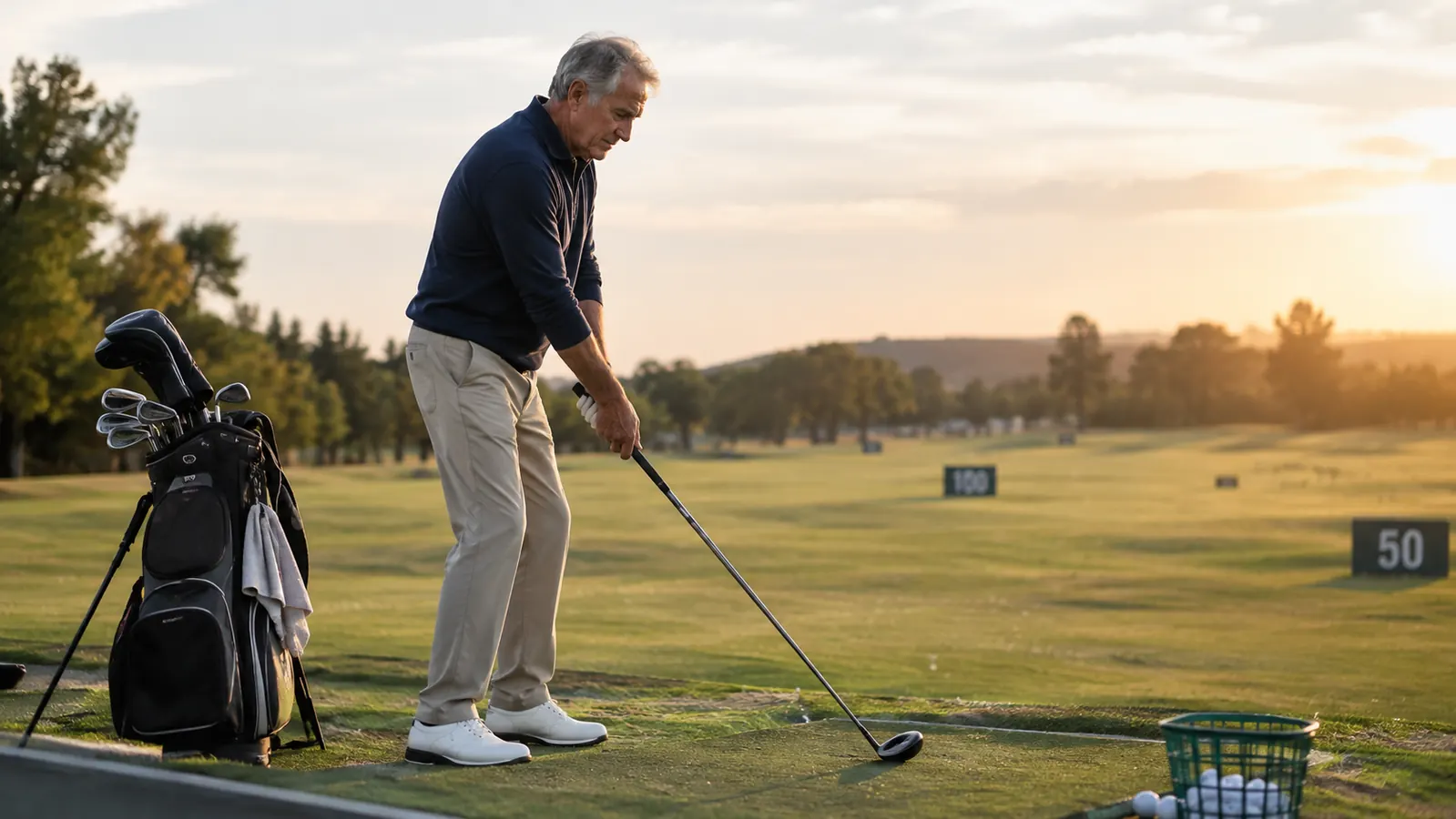 A man in his sixties taking a slow practice swing on a driving range, a golf bag beside him