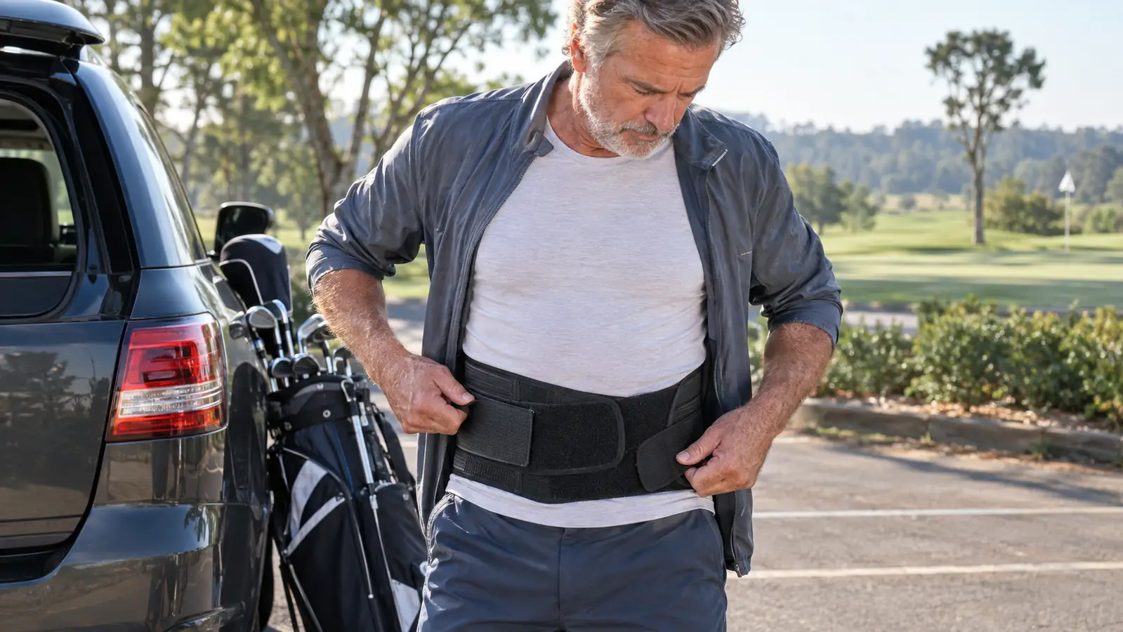 A man in his sixties adjusting a black lumbar support belt over a thin undershirt before a round