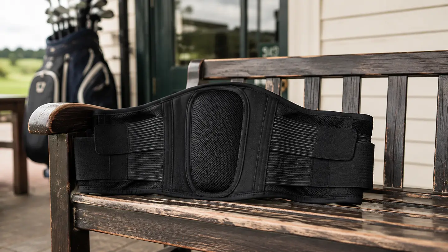 A black lumbar support belt laid flat on a wooden bench, side straps and padded back panel visible