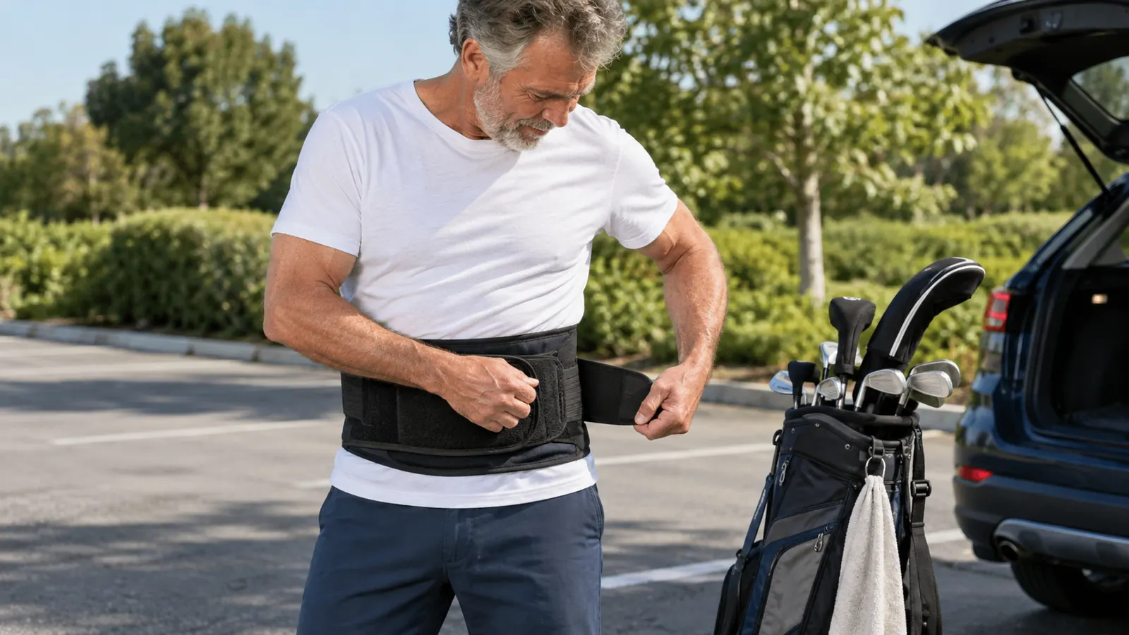 A golfer in his sixties standing beside a golf bag in a parking lot, adjusting a lumbar support belt over a thin undershirt before a round.