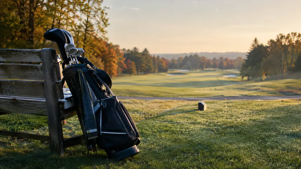 A golf bag resting against a wooden bench at the first tee of a public course on a cool autumn morning, with dew on the grass.
