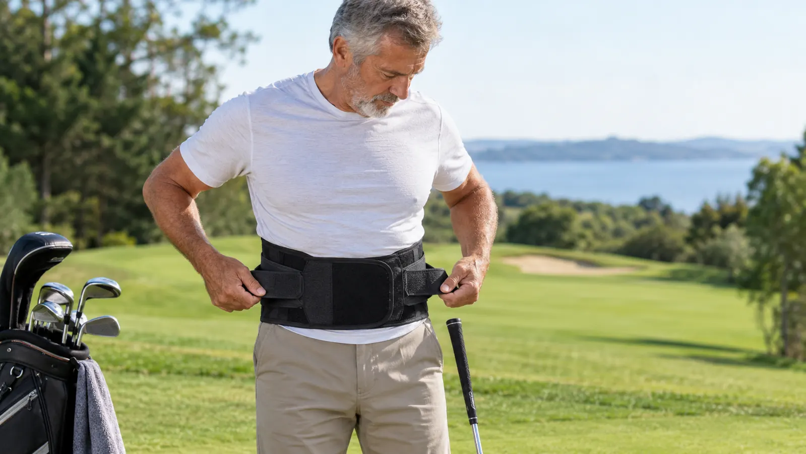 A man in his sixties wearing a lumbar support belt over a thin undershirt, adjusting the side straps before a golf shot