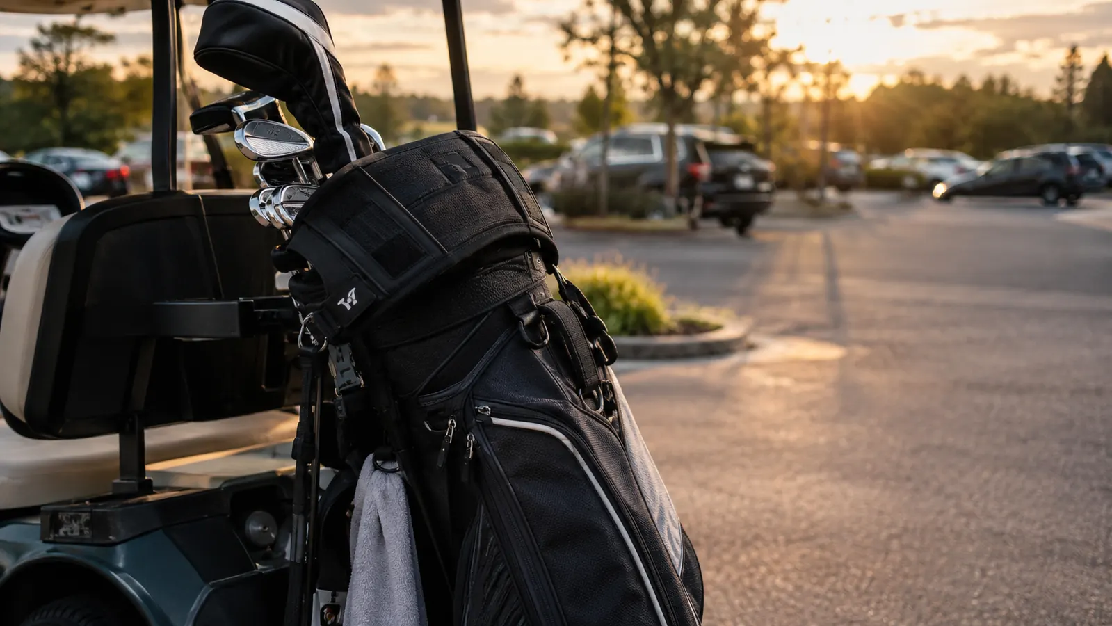 A golf bag leaning against a cart with a lumbar support belt folded over the top of the bag